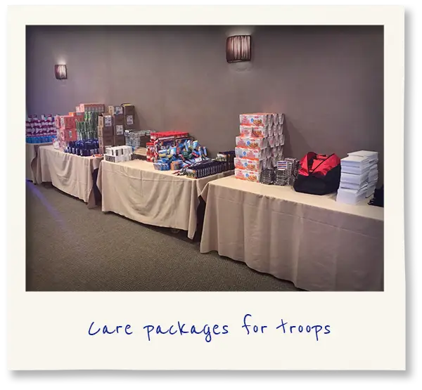 tables covered in care packages for troops